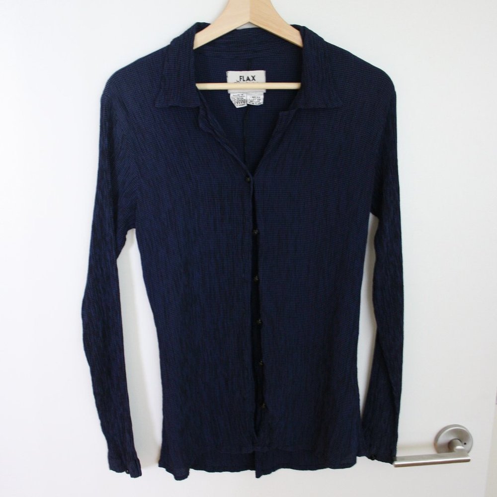 Vtg 90s FLAX Blue black gingham checked crinkly ex